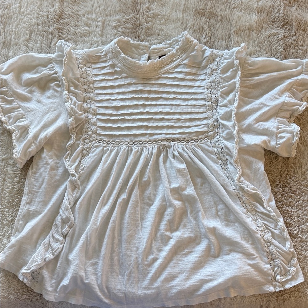 Free People White Ruffled Pintuck Lace Tee